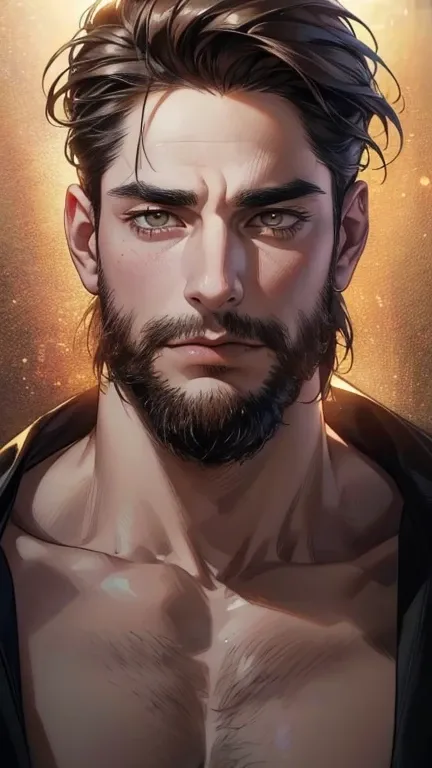 (   best quality,4K,8k,   highres,   masterpiece :1.2),   ultra-detailed   ,(realistic,photorealistic,photo-realistic:1.37),36-year-old man,3 day beard,Beautiful anime,Portraits,strong,Masculine,   with dark hair  ,sharp jaw,  mesmerizing golden eyes  ,   ...