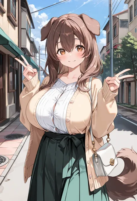 ( best quality , 8k , masterpiece , incredibly absurdres , beautiful woman , perfect body , super detailed skin , highly detailed eyes and face , 1 person ) , Inugami King , original hair color ,  brown hair  ,  dog ear , smile ,  will be happy , (  shirt ...