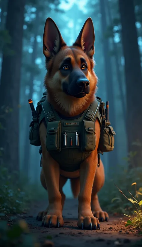  A humanized anime-style German shepherd dog as a tracker ,  with erect ears and a tactical vest full of pockets . He wears a harness with rescue tools and has a loyal and determined expression. bottom: a dark forest illuminated by flashlights and light tr...