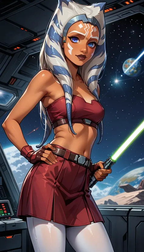 score_9, score_8_up, score_7_up, (cartoon style:1.2), Cartoon image of a beautiful woman, beautiful waifu, (Ahsoka Tano, orange skin:1.2), (maroon tube top, maroon tight skirt:1.3), (fingerless gloves:1.2), belt, (white leggings:1.1), flirt, seductive, hig...