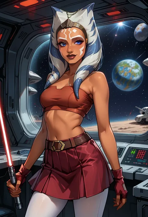 score_9, score_8_up, score_7_up, (cartoon style:1.2), Cartoon image of a beautiful woman, beautiful waifu, (Ahsoka Tano, orange skin:1.2), (maroon tube top, maroon tight skirt:1.3), (fingerless gloves:1.2), belt, (white leggings:1.1), flirt, seductive, hig...