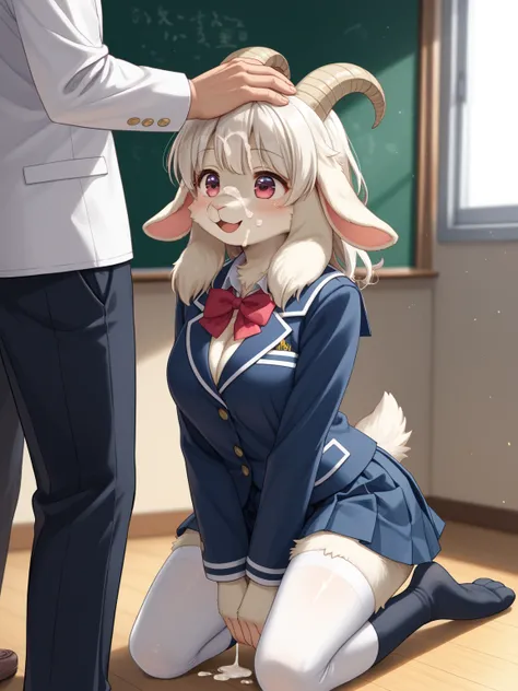 kawaii anime , furry goat , nsfw, a Girl Kneeling in Front of a Man s big , (  SHINY SKIN),  curvy woman  ,  Highly Detailed Face , eye with beautiful details,  ((( 1 girl and 1 boy ,  furry goat  couple))), ( man standing in front of a woman kneeling,  gr...