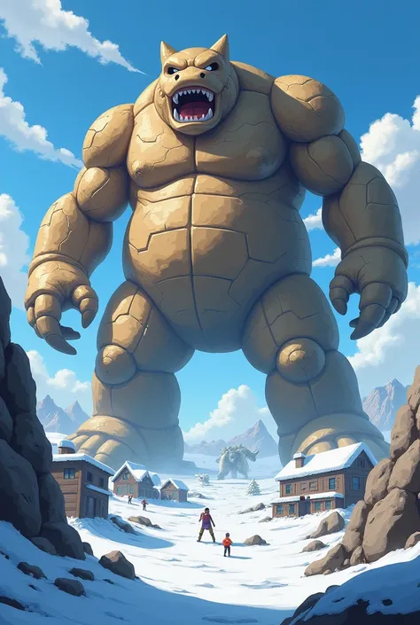 make a photo of gigantic (((cartoony))) brown Regirock((from pokemon)) stone statue that is the size of an asteroid attacking buildings in the frozen land in broad daylight. the image shows the buildings and people to appear small and it is at a wide shot ...