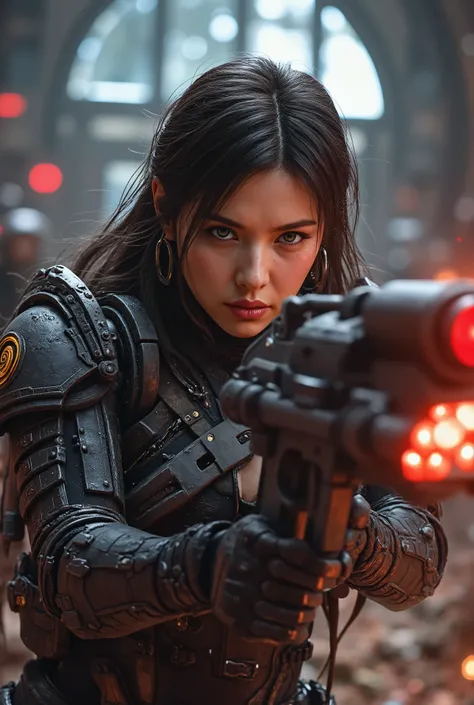 8k, UHD, Realistic, full body, Beautiful, captivating, female space marine from 20 and Back project, facial mixed of Kim Ji-won, highly detailed face, fiery and weary looked yet captivating, deep cleavage, depending the Kuiper Belt from Draconian, heavily ...