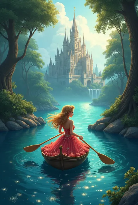 THE CARTOON IMAGE FEATURES A  WITH CUTE GLITTER, WEARING A LUXURIOUS DRESS, GOLDEN HAIR, WEARING GLASS SHOES, ROWING OUT OF THE DEEP FOREST, AHEAD IS A HUGE PALACE IN THE MIDDLE OF THE WATER.