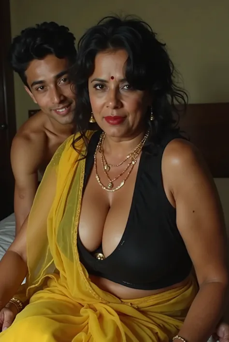 photo of 45 year old Voluptuous Mature Indian aunty with white skin, wearing Transparent yellow saree and Black sleeveless Blouse, showing her large U cut Cleavage, Red Sindoor on her forehead, Hair messed up, nice curves, sitting on hotel room bed, a shir...