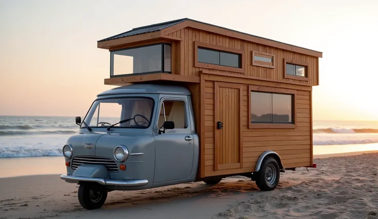 The image features a compact, customized motorized vehicle designed as a tiny house on wheels. The vehicle has the following characteristics:

1. **Base Vehicle:** A small three-wheeled vehicle, resembling a tuk-tuk or an auto-rickshaw, with a retro-style ...