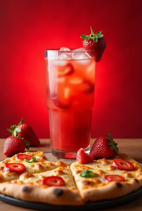 strawberry juice showing pieces of strawberries with ice inside the glass and chicken pizza with catupiry blurred red background 