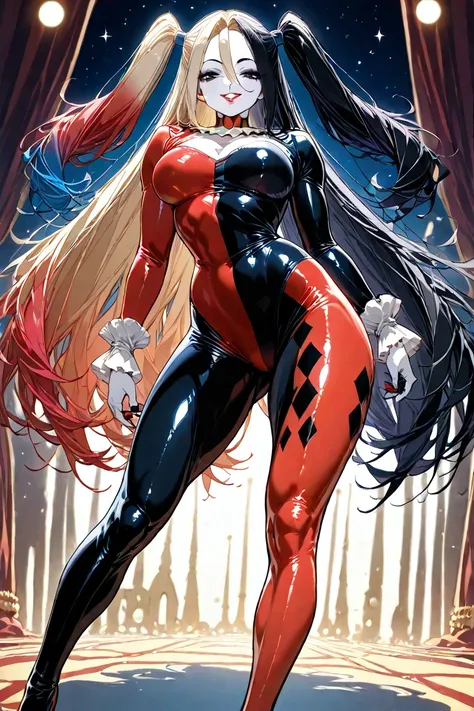 Harley quinn,  very long hair ,  Black hair,  hair between the eyes ,  blue eyes, Cosplay completo da Harley quinn,  shiny clothes, impossible bodysuit,  Tight skin , Starry bodysuit, Looking at the Viewer smiling mischievously,( muscular legs :1.3), (sedu...