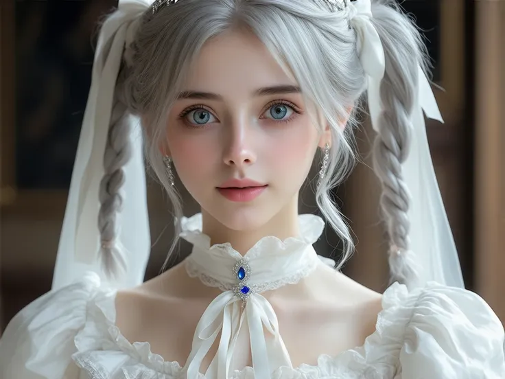 ( Details beautiful eyes and  Details face, Masterpiece side light, Masterpiece,  best quality,  Details,  high resolution illustration ), shiny skin、１The girl who is extremely beautiful in human beings「Sarah Auverge Crail」 western blue silver hair white v...