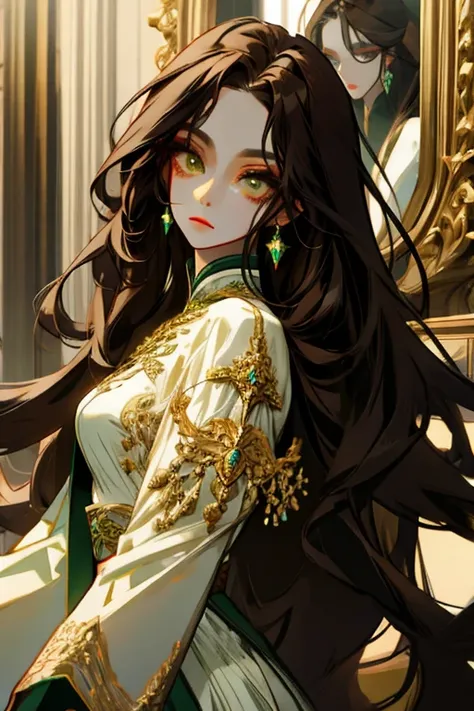 ( masterpiece:1.2),[1mulher, long dark brown hair,emerald eyes,(beautiful:1.4),dress in neutral colors ,Fantasy,elegant,royal, dreamy lighting , extremely detailed face,strong woman,Suit