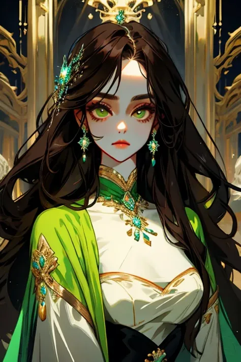 ( masterpiece:1.2),[1mulher, long dark brown hair,emerald eyes,(beautiful:1.4),dress in neutral colors ,Fantasy,elegant,royal, dreamy lighting , extremely detailed face,strong woman,Suit