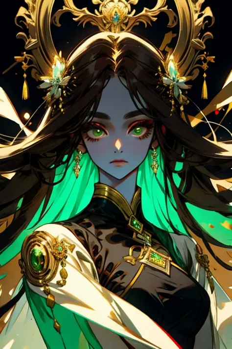 ( masterpiece:1.2),[1mulher, long dark brown hair,emerald eyes,(beautiful:1.4),dress in neutral colors ,Fantasy,elegant,royal, dreamy lighting , extremely detailed face,strong woman,Suit