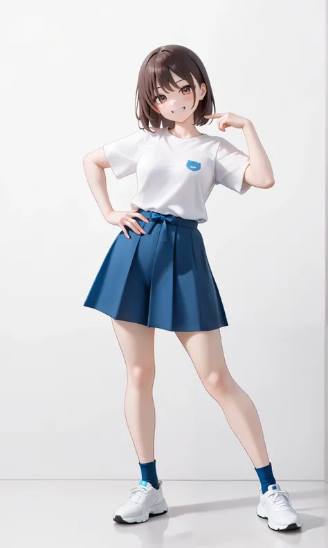 1girl, full body, posing, brown hair, white shirts, blue skirt,