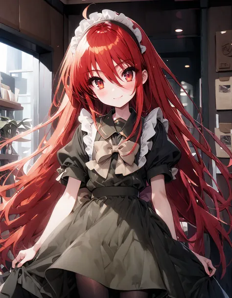 shana , long hair, Red Hair, red eyes, stupid hair,smile,blush, open their mouths,Maid服,rib tights , black pantyhose , pin heels,black色ロングスカート,Maid head dress , Maid apron, Maid Dress,Maid, Maid outfit,black_ dress , hair shaking in the wind , long skir...