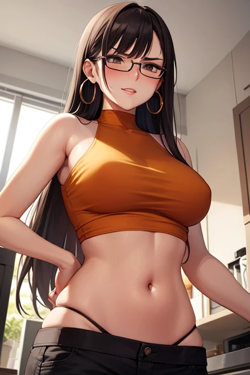 super fine illustration, vibrant colors, masterpiece, sharp focus, best quality, depth of field, cinematic lighting, ultra detailed, halterneck, crop top, dudou, high neck, floral pattern, orange shirt, sleeveless, dark brown business skirt, navel, tummy, ...