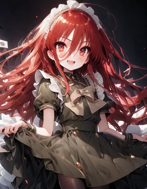 shana , long hair, Red Hair, red eyes, stupid hair,smile,blush, open their mouths,Maid服,rib tights , black pantyhose , pin heels,black色ロングスカート,Maid head dress , Maid apron, Maid Dress,Maid, Maid outfit,black_ dress , hair shaking in the wind , long skir...