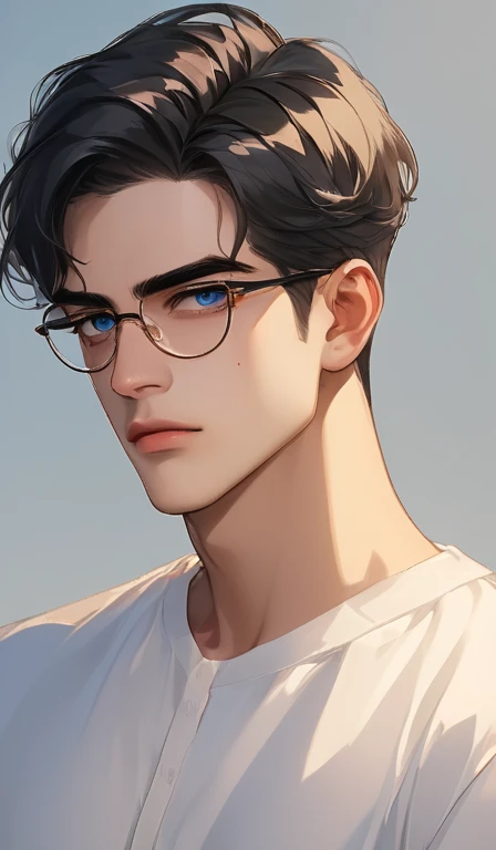 21 year old face , beautiful, maduro,  black hair,  blue eyes, legal, very high, casual, wear glasses, rico, Perfect face,  detailed face, aesthetic,   corpo Atlético , Sensual