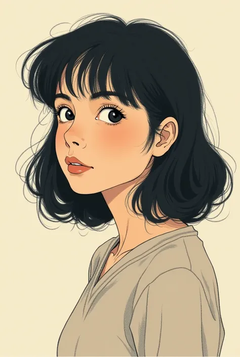 Sketch a poster of a woman with black hair and a round face, Around 27 years old,  full body , con la mirada perdida y vistiendo ropas discretas de finales de los años 80's.