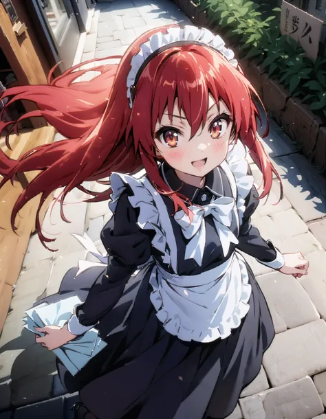 shana , long hair, Red Hair,  red eyes, stupid hair,smile,blush, open their mouths,Maid服,rib tights ,  black pantyhose ,  pin heels,black色ロングスカート,Maid head dress , Maid apron, Maid Dress,Maid, Maid outfit,black_ dress , hair shaking in the wind , long skir...