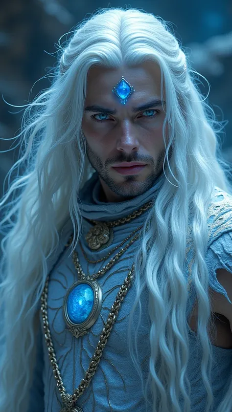 To create a pleadian man with a strong body, wearing intergalactic clothing, he must cover his entire body and with blue eyes, long white hair, sensual and handsome with a jewel on his blue forehead.,