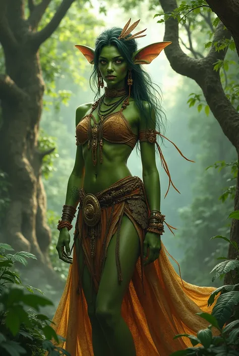 beautiful green goblin, female, tribal clothes