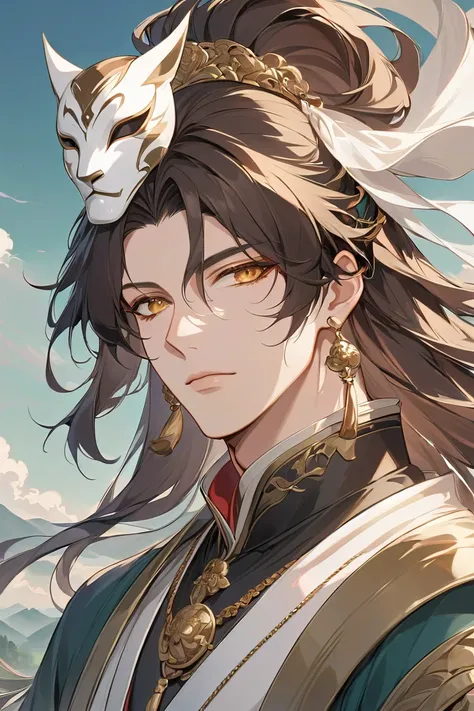  masterpiece, Close-up of a man with brown hair and white mask, beautiful figure painting, Guviz, Guwiz style art, Dark Brown-haired God , The J., epic exquisite character art , Amazing character art, , Wu Zhun Shifan, Gu Vitz at pixiv art station , antiqu...