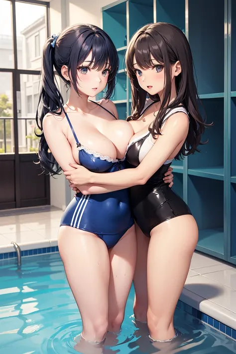 (2 women:1.5)　(( the woman on the left is tall and cool)) ((The woman on the right is short and cute))  Very Big Breasts　( swim) close distance between high school girls　 clothes and gets her chest rubbed　 sex　 school pool changing room　Private room　 is st...