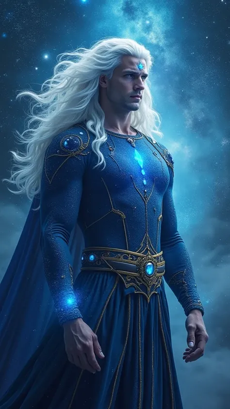 To create a pleadian man with a strong body, wearing intergalactic clothing, he must cover his entire body and with blue eyes, long white hair, sensual and handsome with a jewel on his blue forehead., With the background of the scene Galaxies and Cosmos