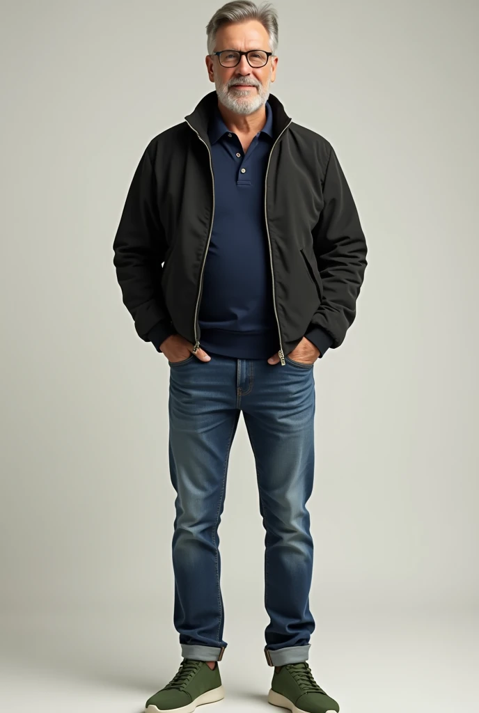  Man wearing jeans with green sneakers with navy blue polo and a black bomber jacket made of normal fabric, No Leather 