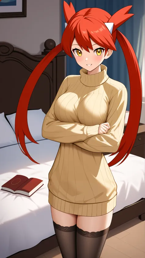 (( best quality)), ((masterpiece)), (( Details)),  1girl , Two legs, two arms, Red hair color,  Twin Tails,  long hair,  yellow eyes, ,  tall, long sleeve vertical stripe sweater,  black knee-high stockings,  absolute domain,  thighs,  Anime Coloring Book,...