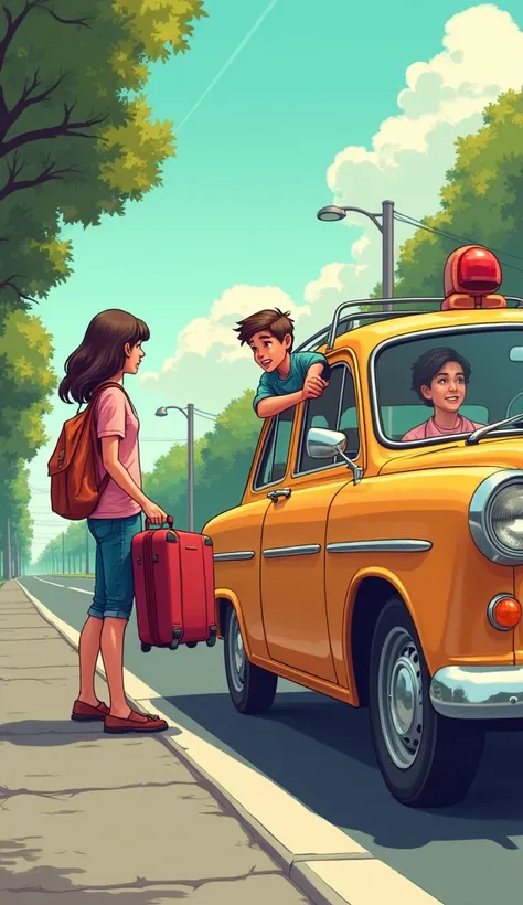 A retro comic-style drawing of a car pulling up at the bus stop. The 17-year-old girl is placing her suitcase in the trunk while her cousin leans out of the car window, smiling reassuringly. The grandfather is in the driver’s seat, watching calmly.