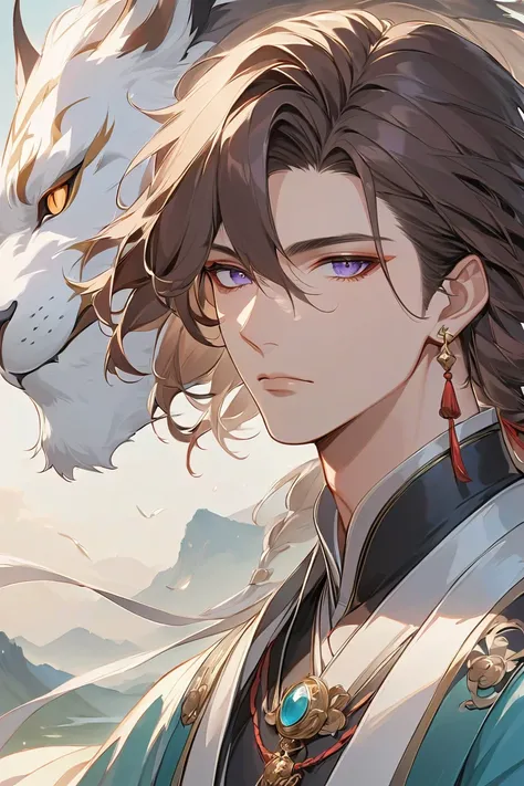  masterpiece, Close-up of a man with brown hair and white mask, beautiful figure painting, Guviz, Guwiz style art, Dark Brown-haired God , The J., epic exquisite character art , Amazing character art, , Wu Zhun Shifan, Gu Vitz at pixiv art station , antiqu...