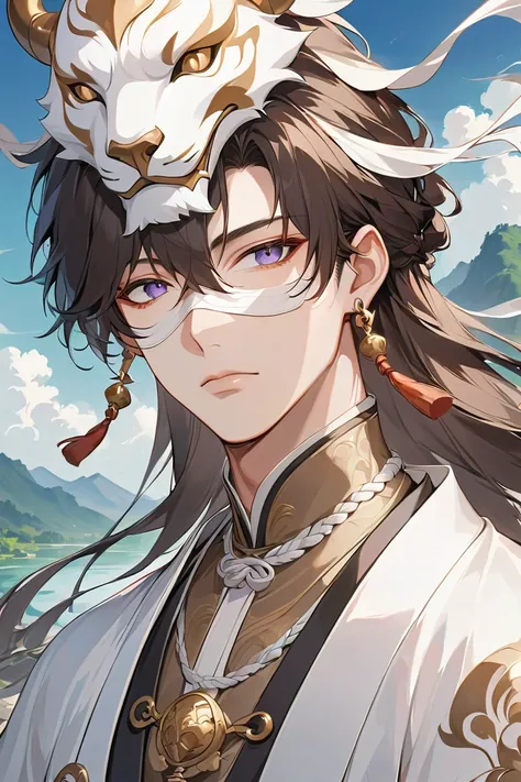  masterpiece, Close-up of a man with brown hair and white mask, beautiful figure painting, Guviz, Guwiz style art, Dark Brown-haired God , The J., epic exquisite character art , Amazing character art, , Wu Zhun Shifan, Gu Vitz at pixiv art station , antiqu...