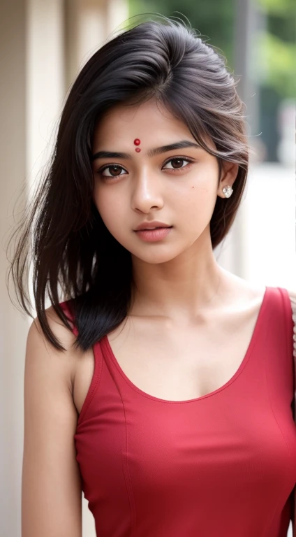 young Indian girl, 18-year-old, red top, gentle lighting, intricate facial details, flawless complexion, top-notch 3D rendering, hyper-realistic, shot on Indian road.