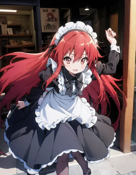 shana , long hair, Red Hair,  red eyes, stupid hair,smile,blush, open their mouths,Maid服,rib tights ,  black pantyhose ,  pin heels,black色ロングスカート,Maid head dress , Maid apron, Maid Dress,Maid, Maid outfit,black_ dress , hair shaking in the wind , long skir...