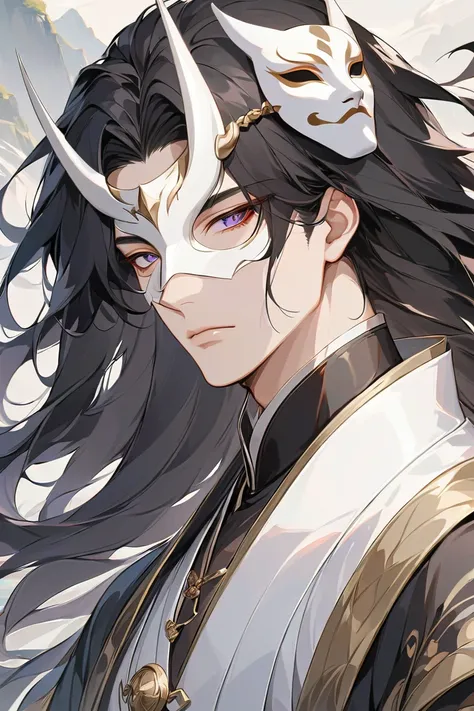  masterpiece, Close-up of a man with black hair and white mask, beautiful figure painting, Guviz, Guwiz style art, Dark Brown-haired God , The J., epic exquisite character art , Amazing character art, , Wu Zhun Shifan, Gu Vitz at pixiv art station , antiqu...