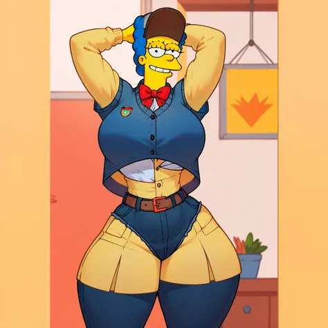  school uniform Marge Simpson very beautiful smiling with a super sexy body (( huge breasts)), ((huge swag )),  long blue hair,  yellow skin,  full body, in a micro 