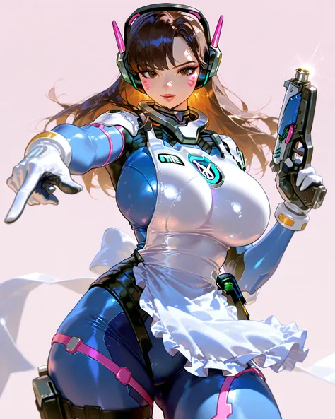       8k wallpaper、masterpiece、最            high quality           、            high quality           、          very aesthetic with apron,           absurd,  up to date,              1 female、gun,arms,d.and,( overwatch ), gloves, long hair,Facial marking...