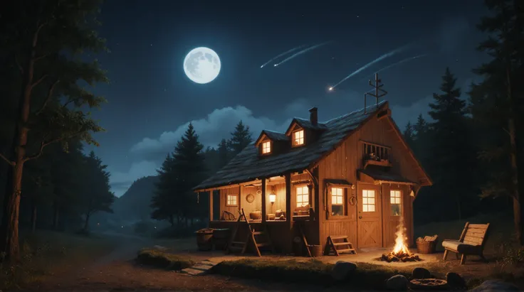 A valley full of trees at night very dark with the moon shining in the sky,  8k, a very cozy cabin with a chimney coming out of smoke and with bonfire lighting, a horse tied to the rope in front of the cabin,  a shooting star passing through the sky, Some ...