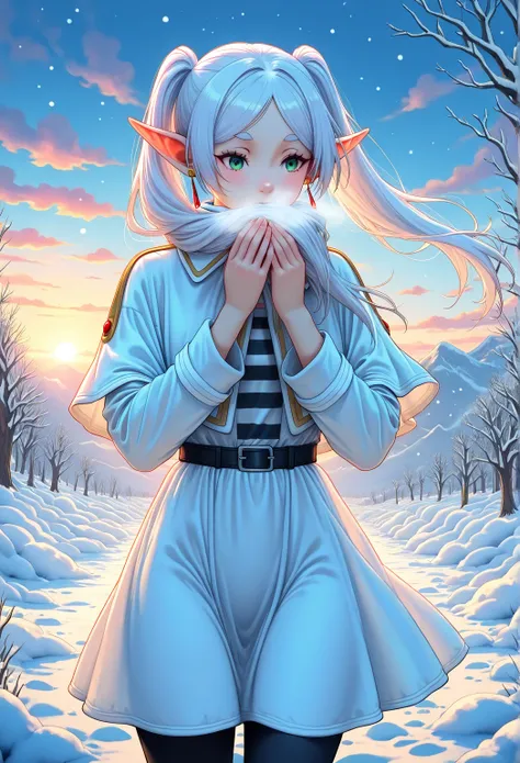 1woman, Frieren,  white clothes, Horizontal striped shirt, White hair in twin tails,  elf ears, 
Watercolor:1.3, Cowboy Shot, 

In the snow, I bring both hands to my face, breathe on my hands, my breath is white, my nose is red, my expression is cold, the ...