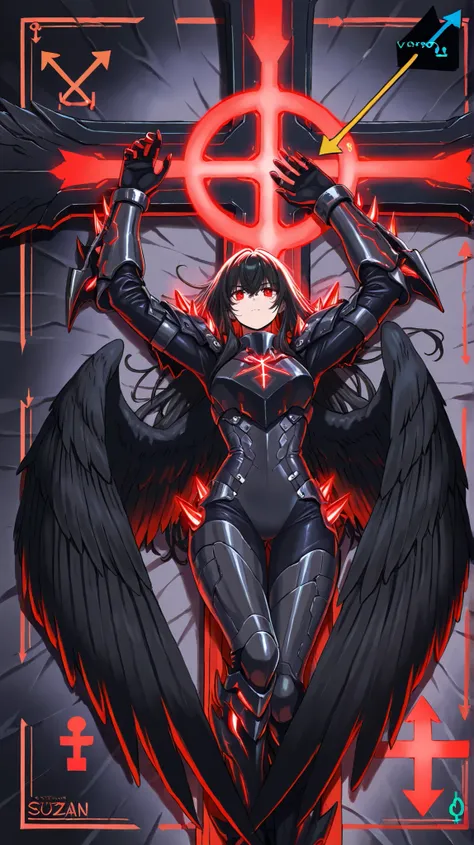 (artist :Suzan Pitt:1.1),(artist :Stewart Cowley:0.8),(artist :Steven Outram:1.1) 
(1girl,character conceptual design,half body),red eyes,(oversize black wings on back:1.3),glowing red fluorescent,armor,giant forearm,(irregular glowing spikes cross ,1.8)
(...