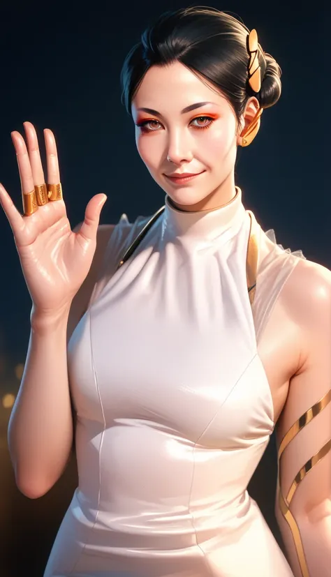 score_9,score_8_up,score_7_up,score_6_up,hanako,black hair,hair ornament,hairbun,makeup,brown eyes,white dress,jewelry,gold earpiece,light smile,looking at viewer,(gold fingers:1.1),standing,upper body,waving,bare shoulders,