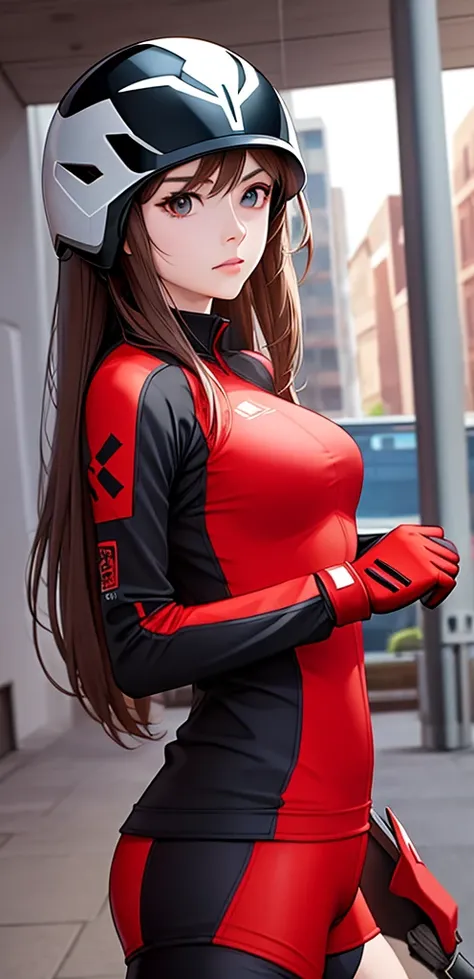 woman, skull helmet, long hair brown, normal, she is solo, from alternative world ,best quality, realistic, cycling red and black color suit and cycling sports shorts