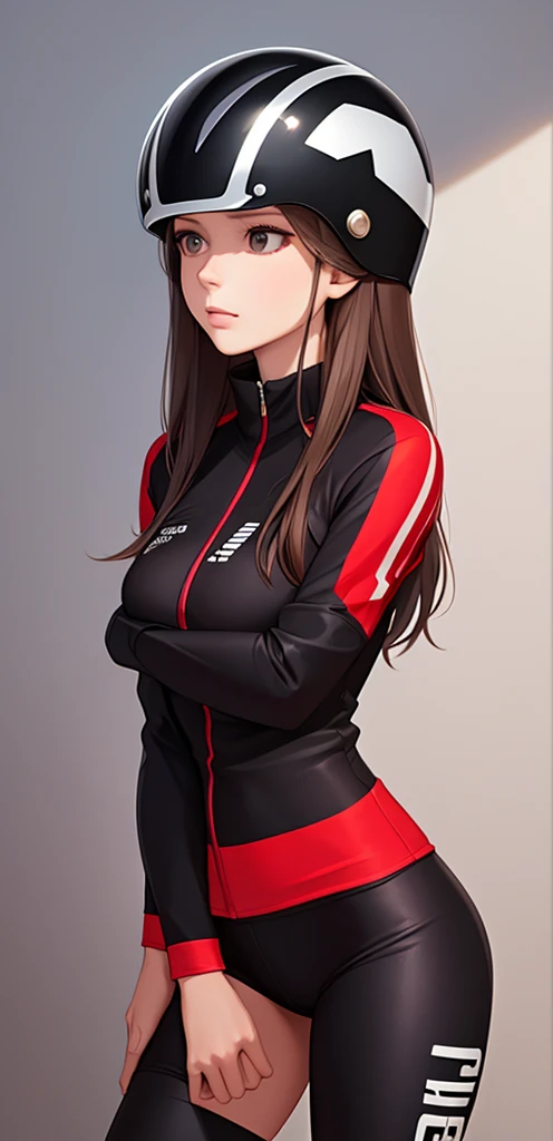 woman, skull helmet, long hair brown, normal, she is solo, from alternative world ,best quality, realistic, cycling red and black color suit and cycling sports shorts