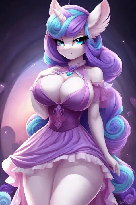 Flurry heart wearing dress, busty, small waist, blue eyes, purple and light blue hair, mischievous 