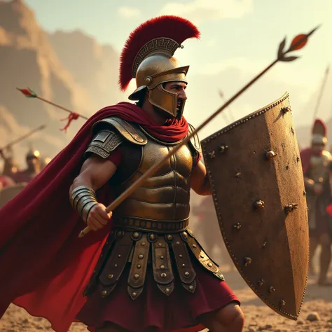 Roman soldier protecting himself from the Arrows that are coming towards him with a shield. Ultra realistic, UHD. He wears a Roman helmet on his head. There are some Arrows stuck in his shield