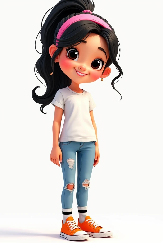 Create a Pixar style animation of a girl with a cheerful and youthful appearance. Her face is slightly rounded with soft features and a light skin tone. She has large, almond-shaped black eyes with thick, curved eyelashes and thin, arched black eyebrows. H...