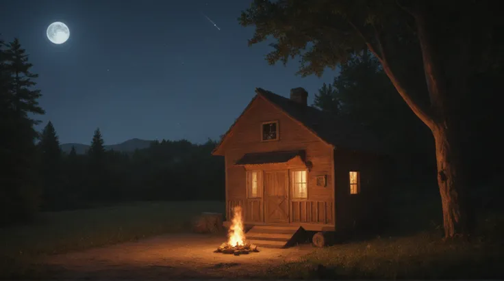 A valley full of trees at night very dark with the moon shining in the sky,  8k, a very cozy cabin with a chimney coming out of smoke and with bonfire lighting, a horse tied to the rope in front of the cabin,  a shooting star passing through the sky, Some ...