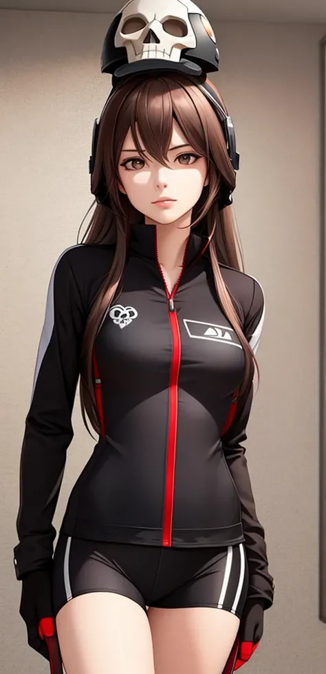 woman, skull helmet, long hair brown, normal, she is solo, from alternative world ,best quality, realistic, cycling red and black color suit and cycling sports shorts